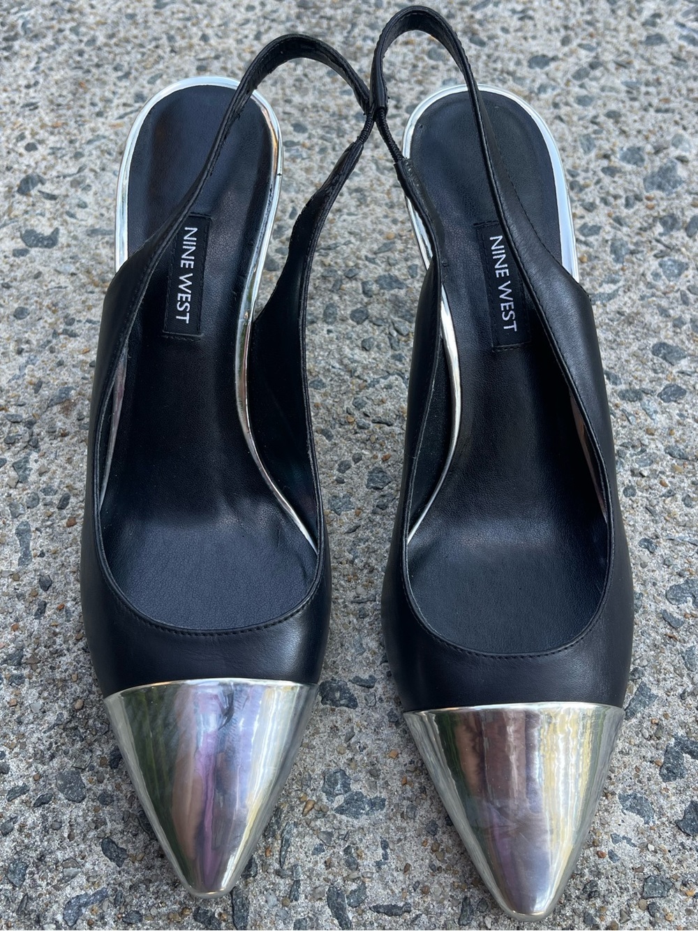 Nine West Black Silver Metallic Pointed Toe Slingback Heels Women’s 9M
